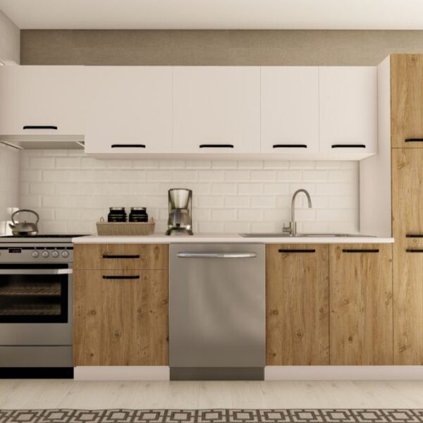 300 cm SEÇEN HAZIR MUTFAK DOLABI ASPİRATÖR ve KİLER MODÜLLÜ BEYAZ ve ATLANTİK ÇAM