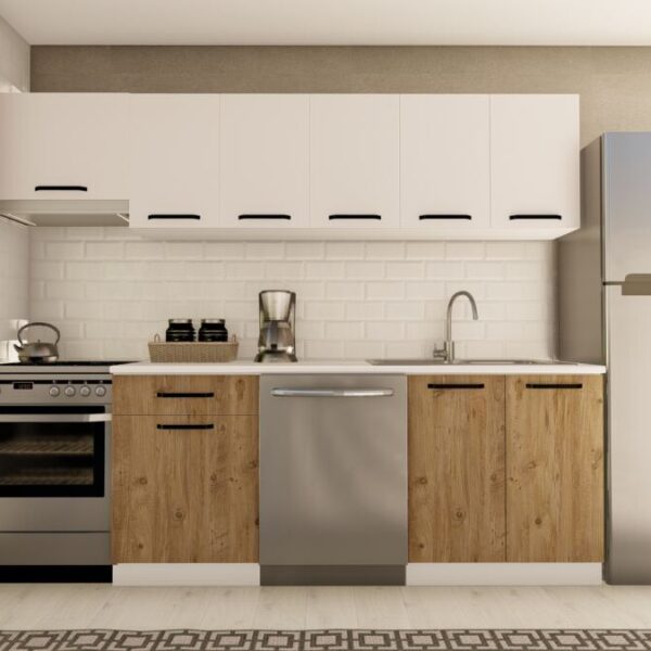 260 cm YELDA HAZIR MUTFAK DOLABI ASPİRATÖR MODÜLLÜ BEYAZ ve ATLANTİK ÇAM