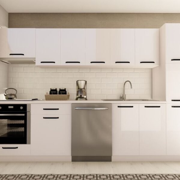 300 cm AKASYA HAZIR MUTFAK DOLABI ASPİRATÖR, ANKASTRE ve KİLER MODÜLLÜ PARLAK BEYAZ