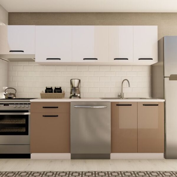 260 cm KELEBEK HAZIR MUTFAK DOLABI ASPİRATÖR MODÜLLÜ PARLAK BEYAZ ve CAPPUCINO