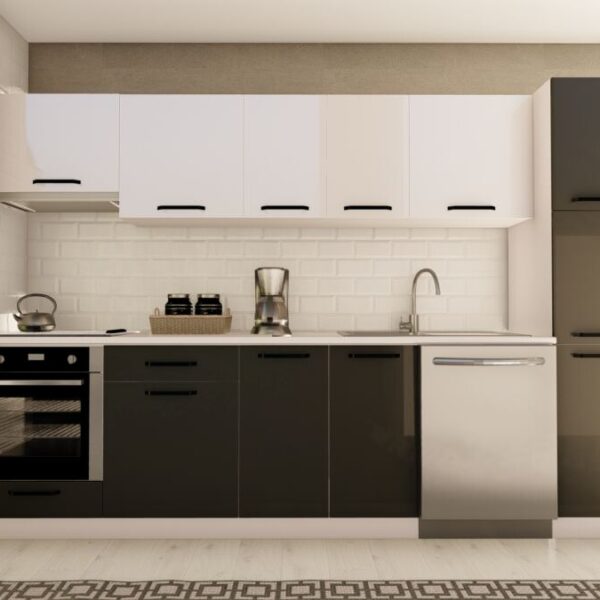 300 cm AYÇA HAZIR MUTFAK DOLABI ASPİRATÖR, ANKASTRE ve KİLER MODÜLLÜ PARLAK BEYAZ ve ANTRASİT