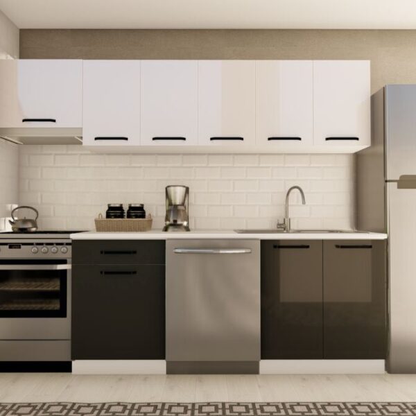 260 cm SALKIM HAZIR MUTFAK DOLABI ASPİRATÖR MODÜLLÜ PARLAK BEYAZ ve ANTRASİT
