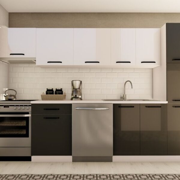 300 cm SERVET HAZIR MUTFAK DOLABI ASPİRATÖR ve KİLER MODÜLLÜ PARLAK BEYAZ ve ANTRASİT
