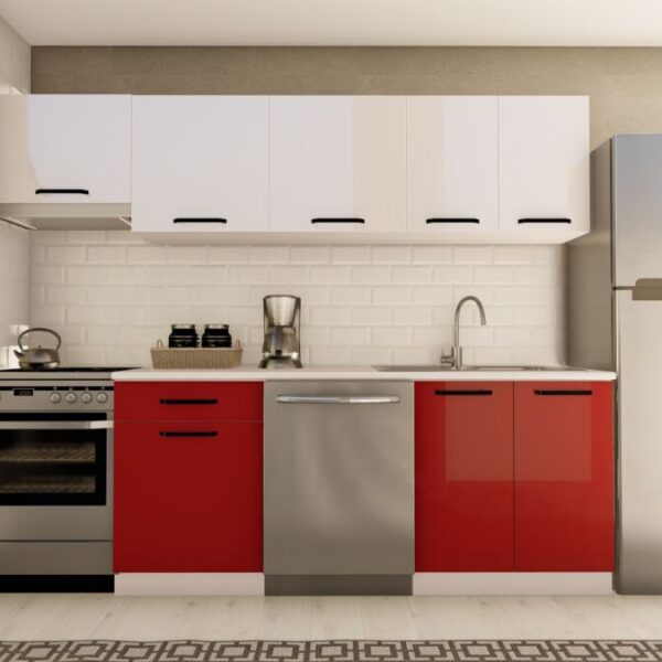 260 cm KEVSER HAZIR MUTFAK DOLABI ASPİRATÖR MODÜLLÜ PARLAK BEYAZ ve KIRMIZI
