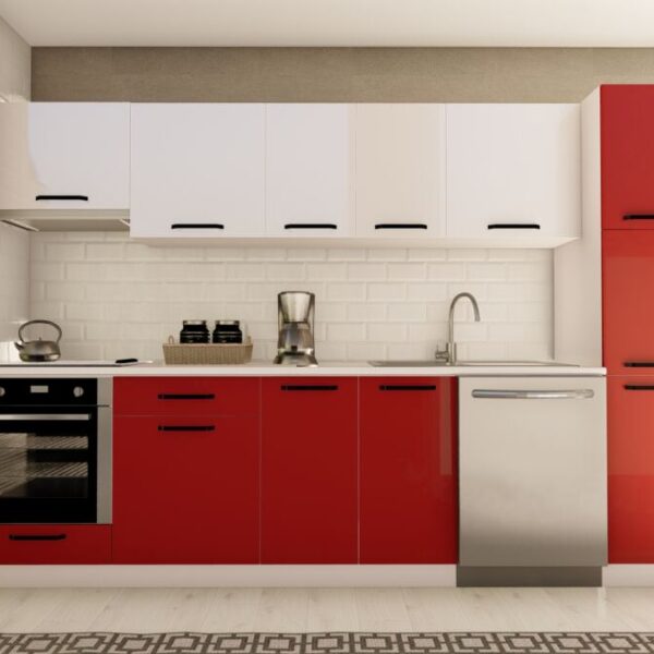 300 cm NİL HAZIR MUTFAK DOLABI ASPİRATÖR, ANKASTRE ve KİLER MODÜLLÜ PARLAK BEYAZ ve KIRMIZI