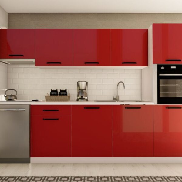 300 cm GÜL HAZIR MUTFAK DOLABI ASPİRATÖR ve ANKASTRE KİLER MODÜLLÜ PARLAK KIRMIZI