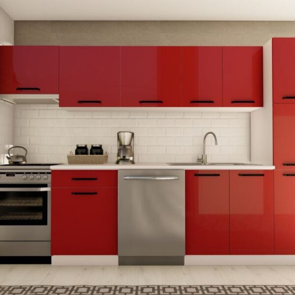 300 cm BİRGÜL HAZIR MUTFAK DOLABI ASPİRATÖR ve KİLER MODÜLLÜ PARLAK KIRMIZI